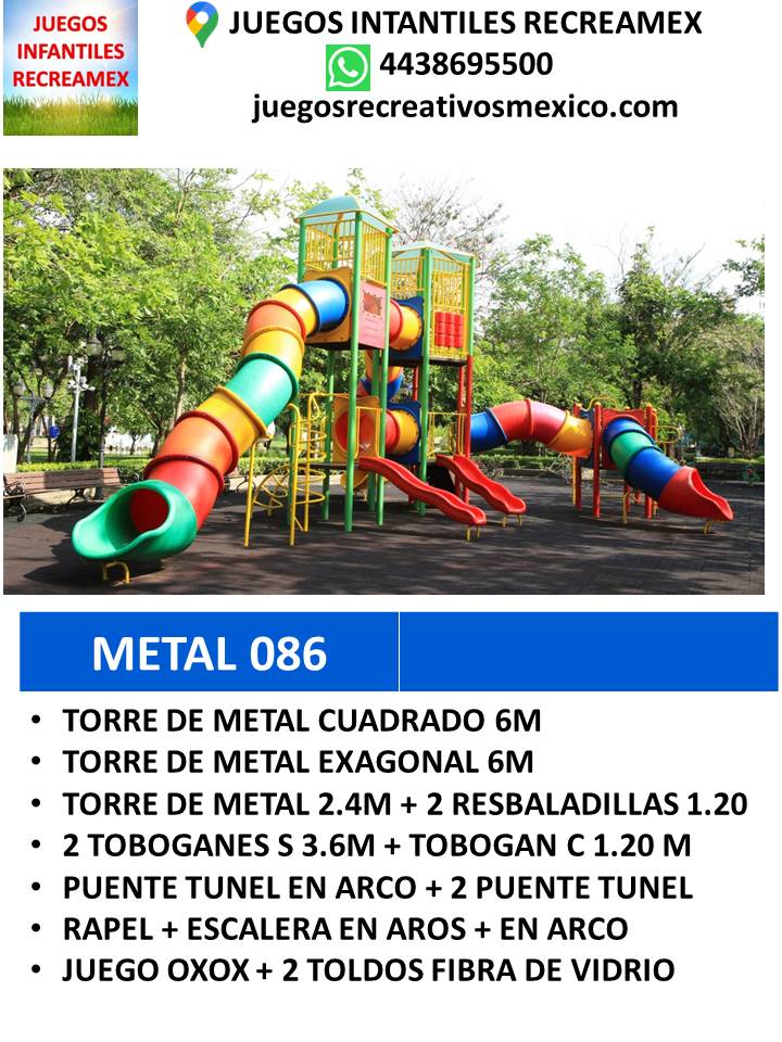 modulo de metal con 2 toboganes, torres de metal, puente cerrado, rapelito, puente tunel en arco